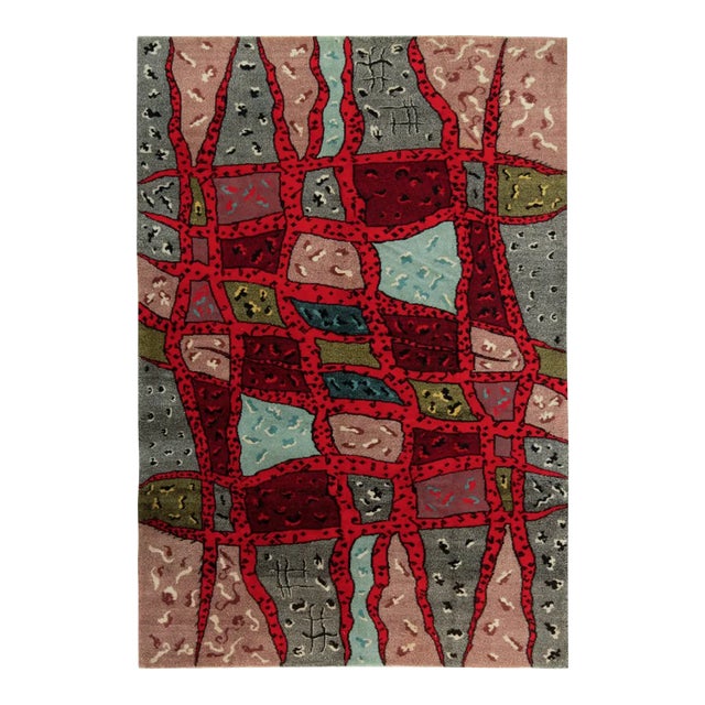 1960s Hand-Knotted Vintage Rug, Red, Blue, Beige-Brown Mid-Century Modern Style For Sale