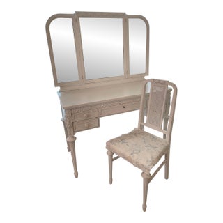 1910s Antique Sligh French Style Vanity 2 Piece Set in White Paint For Sale