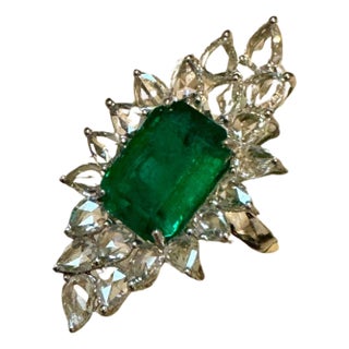 4Ct Finest Zambian Emerald Cut Emerald & 2.5Ct Diamond Ring, 18 Kt Gold Size 6.5 For Sale