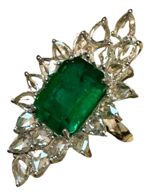 4Ct Finest Zambian Emerald Cut Emerald & 2.5Ct Diamond Ring, 18 Kt Gold Size 6.5