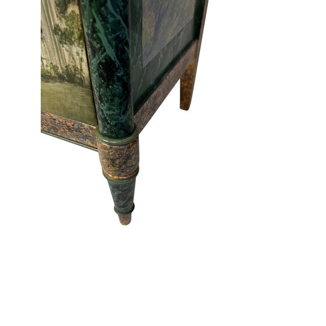 A lovely pair of antique Neoclassical Italian School faux painted & rouge marble chests with landscape & architectural...