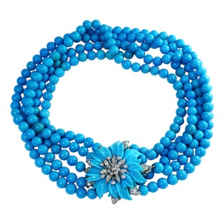 Natural Sleeping Beauty Turquoise Necklace Five-Strand and Diamond French Clasp For Sale