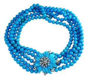 Natural Sleeping Beauty Turquoise Necklace Five-Strand and Diamond French Clasp