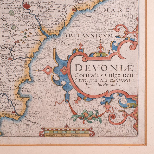 17th Century Antique Devon County Map, English, Framed 17th Century Atlas Cartography, c.1650 For Sale - Image 5 of 12