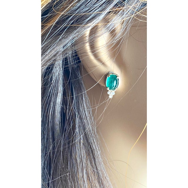14k Yellow Gold Colombian Cabochon Emerald and Diamond Drop Bezel Set Earrings, A Pair For Sale In New York - Image 6 of 9