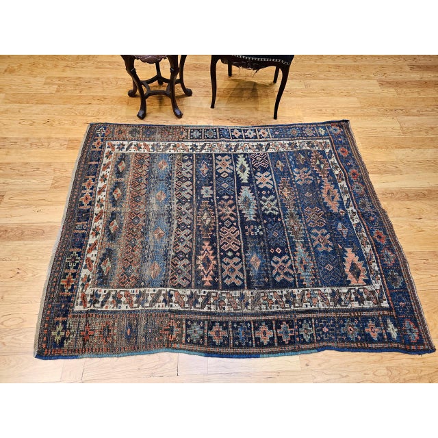 19th Century Antique Caucasian Shahsavan Tribal Rug, Hand-Knotted Wool, Geometric Pattern, Navy & Green, 5x6 For Sale - Image 5 of 16