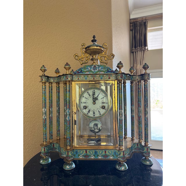 Metal Stunning Vintage Cloisonné Champleve’ Enamel Colonnade Mantel Clock For Sale - Image 7 of 12