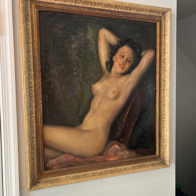 Paint 1900 German School Oil Painting on Board of a Reclining Female Nude, Framed and Signed For Sale - Image 7 of 10