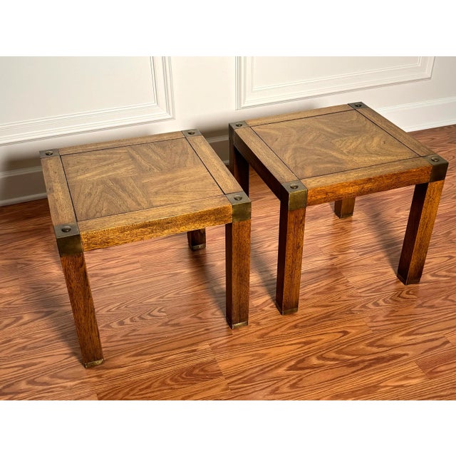 Mid 20th Century Campaign Style Parquet Solid Wood & Brass Side Tables, a Pair For Sale - Image 5 of 10