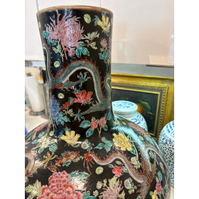 Momumental Vintage Chinese Black Ground Dragon & Floral Porcelain Floor Vase With Gilt Rim For Sale - Image 16 of 18