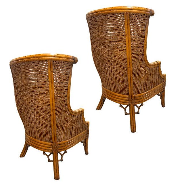Pair of Double-Caned Rattan Wing Chairs With Leopard Upholstery For Sale - Image 4 of 11