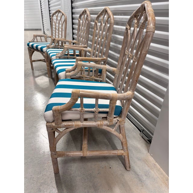 4 Refurbished Henry Link Cathedral Rattan Bamboo Arm Chairs. Professionally Upholstered in Teal and White Striped Sunbrella Outdoor Fabric For Sale In West Palm - Image 6 of 12
