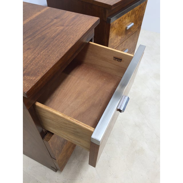 Pair of Walnut Three Drawer Nightstands With Burl Fronts and Silver Accents by National Mt. Airy For Sale - Image 12 of 14