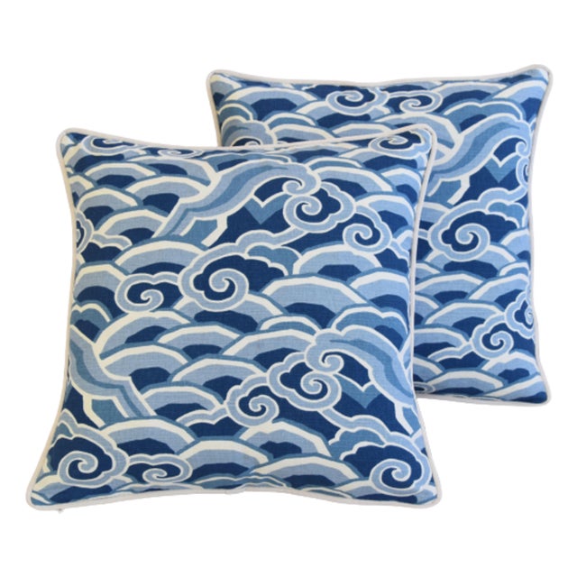 Pair of custom-tailored pillows in Kravet Fabric "Decowaves Ultramarine Blue" cotton fabric depicting a beautiful modern...