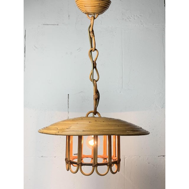 Wood Mid-Century Pencil Reed Rattan Bamboo Pendant Hanging Lamp, Italy, 1970s For Sale - Image 7 of 16