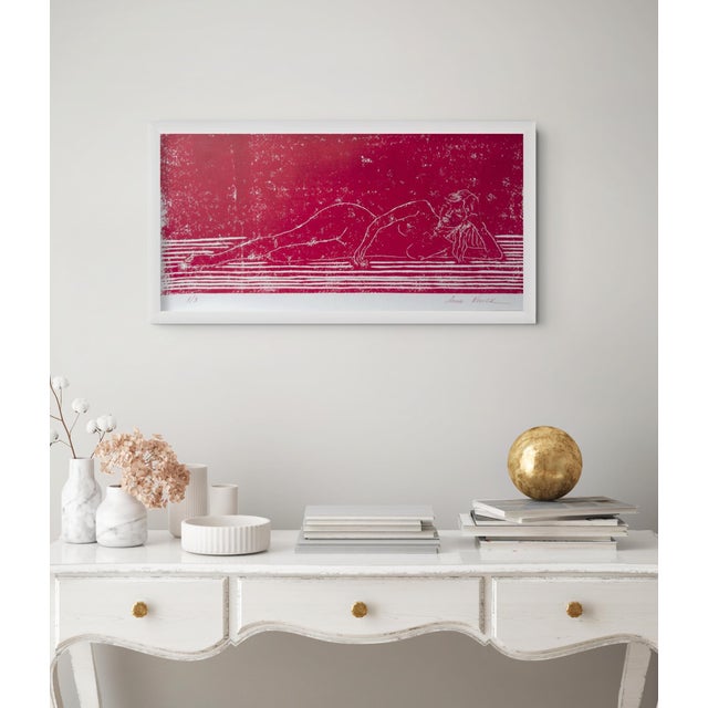 Raspberry Red “Nude on the Sofa” Original Hand-Pulled Linocut Nude Figure Limited Edition of 3 Art by Anna Novick. Hand Signed and Numbered 1/3 For Sale - Image 8 of 9