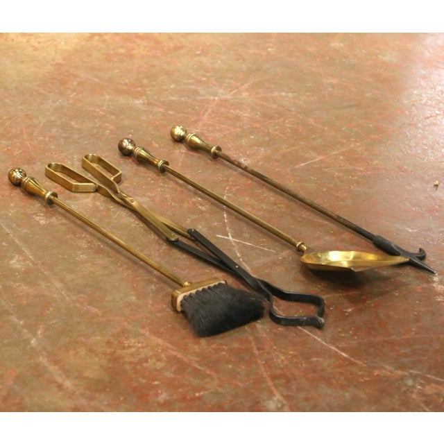 Mid 20th Century Mid-Century French Brass and Iron Five-Piece Fireplace Tool Set For Sale - Image 5 of 9