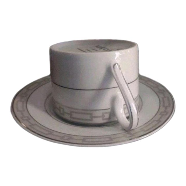 Mikasa Platinum Crown Tea Cup Saucer Set Silver Squares Porcelain Tableware Dishwasher Safe For Sale