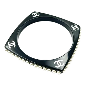 Chanel White CC Black Resin Pearl Edge Bangle Bracelet