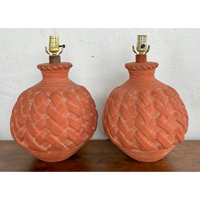 Vintage Terracotta Faux Weave Lamps - A Pair For Sale - Image 11 of 12