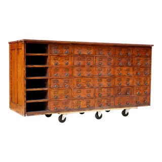 Antique Oak Store Counter Apothecary Card Catalog Kitchen Island (30 Drawers) For Sale
