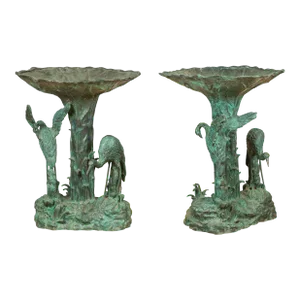 Contemporary Cast Bronze Planters with Cranes and Verdigris Patina