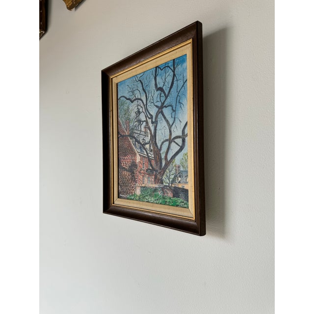 1980's Edwina Z. Worsley Historic Brick Architecture and Winter Tree Landscape Oil Sold For Sale - Image 4 of 11