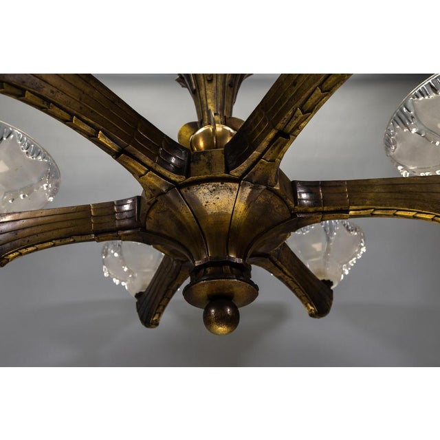 French Art Deco Six-Light Bronze & Frosted Glass Chandelier, 1930s For Sale - Image 11 of 18
