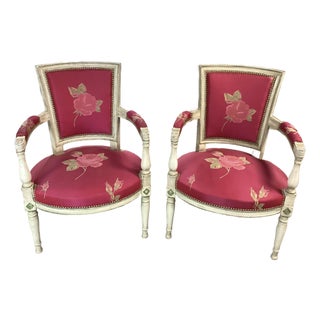 Stunning French Louis XVI-Style Pink Arm Chairs W/Painted Frames For Sale