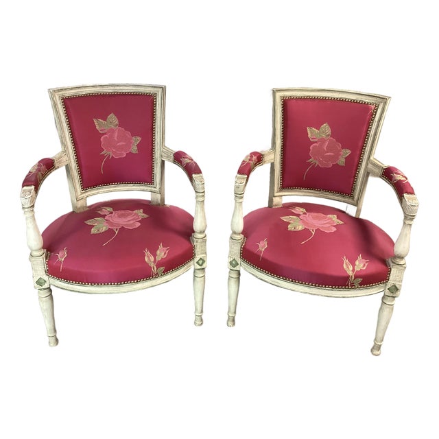 Stunning French Louis XVI-Style Pink Arm Chairs W/Painted Frames For Sale