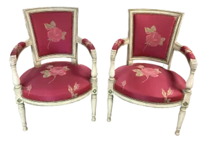 Stunning French Louis XVI-Style Pink Arm Chairs W/Painted Frames