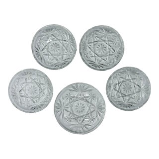 1960’s “Prescut” Pressed Glass Coaster Set- Four Drinks & One Wine Bottle - Set of 5 For Sale