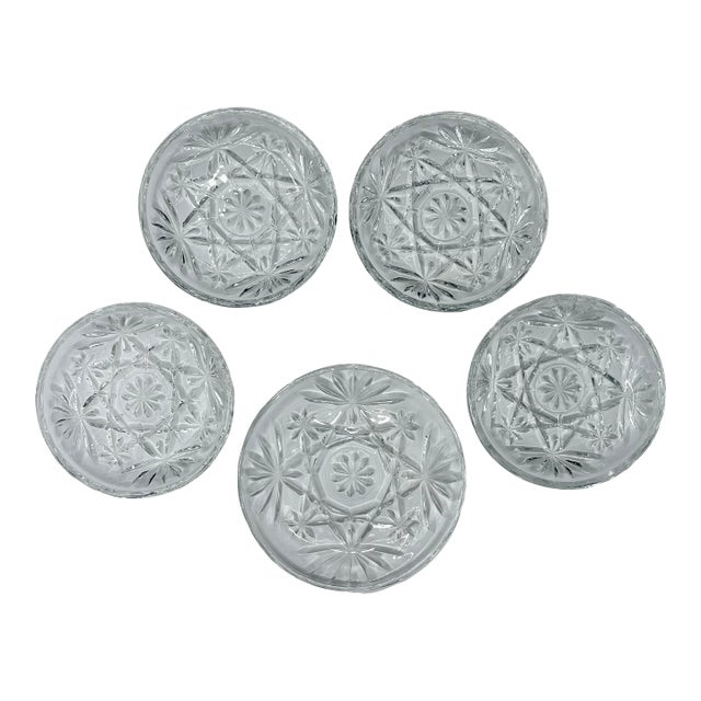 1960’s “Prescut” Pressed Glass Coaster Set- Four Drinks & One Wine Bottle - Set of 5 For Sale