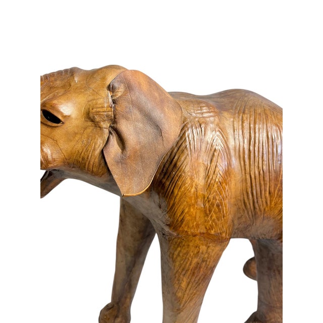 Vintage Moroccan Leather Elephant Sculpture, Handcrafted With Glass Eyes, 26.5” Tall For Sale - Image 6 of 18