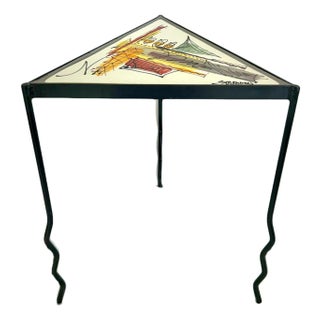 Memphis Movement Staropoli Triangular End or Side Table With Abstract Colourful Ceramic Tile Top For Sale