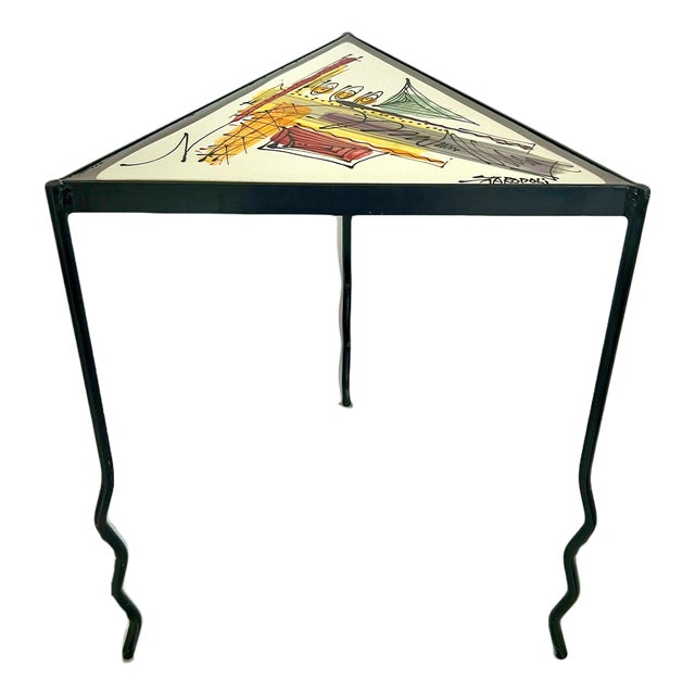Memphis Movement Staropoli Triangular End Table With Abstract Colourful Ceramic Tile Top For Sale