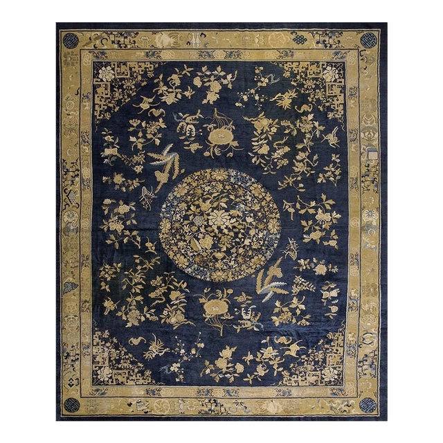 1920s Antique Floral Medallion Oriental Knotted Chinese Peking 11' X 13' 5" Rug For Sale