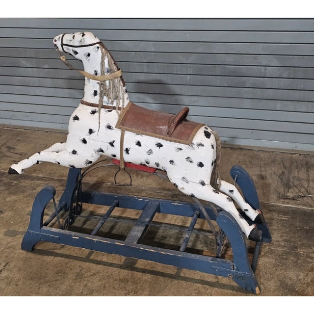 Mid 19th Century Antique Primitive Glider Rocking Hobby Horse Dalmation Carved Wood Cast Iron For Sale - Image 5 of 10