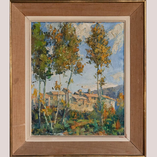 Village Landscape with Trees, 1970s, Oil on Canvas, in Good conditions. Designed 1970 to 1979