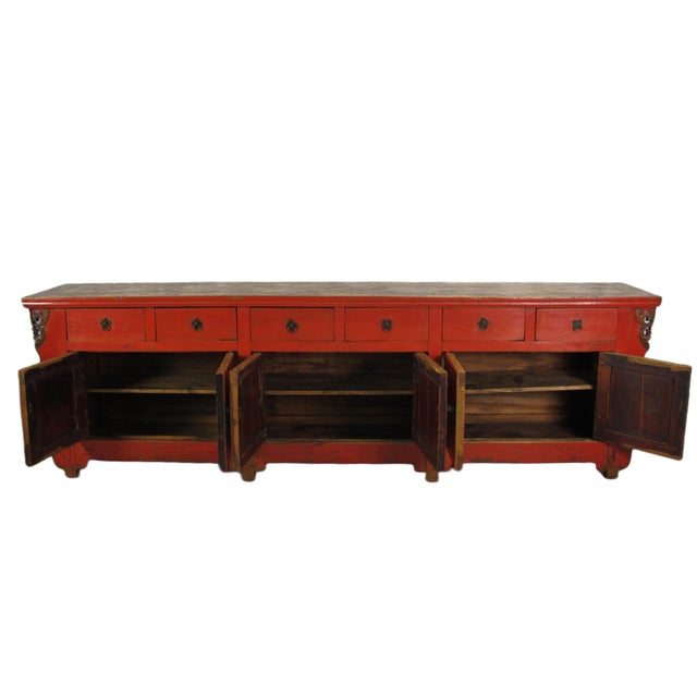 9 Feet Long Red Antique Chinese Buffet Sideboard Cabinet For Sale - Image 13 of 13