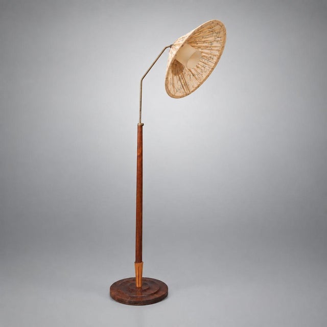 1950s Mid-Century Modern Double Shade Floor Lamp, Wood, Metal, Fabric For Sale In New York - Image 6 of 13