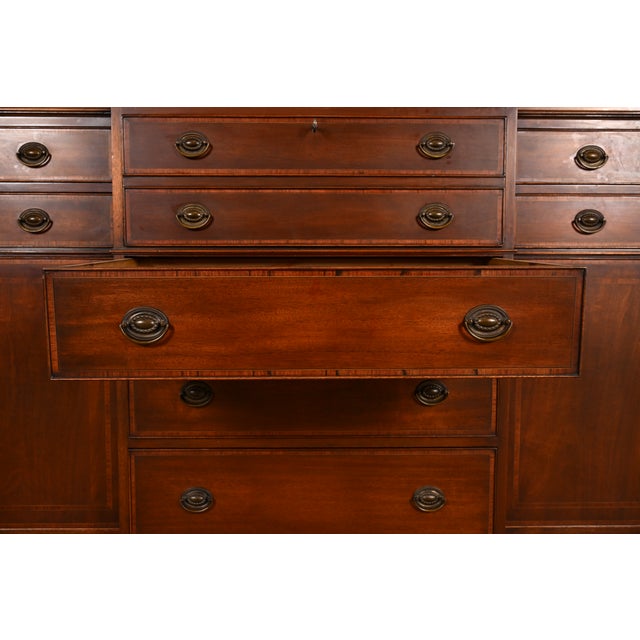 Brown Baker Furniture Style Federal Carved Mahogany Breakfront Bookcase Cabinet With Secretary Desk, Circa 1940s For Sale - Image 8 of 16