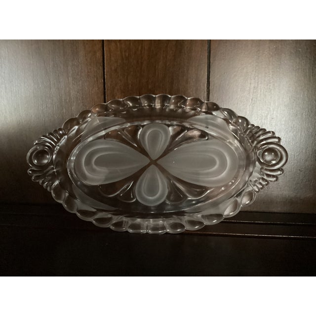 1940s LaLique Inspired Art Deco Design, Scrolls and Seascapes, Satin and Clear, Cream, Sugar on Tray - Three Piece Set For Sale - Image 4 of 6
