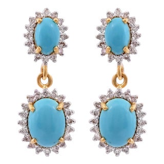 Natural Turquoise 3.05cts & Diamond 0.60cts Earring in 14k Gold For Sale