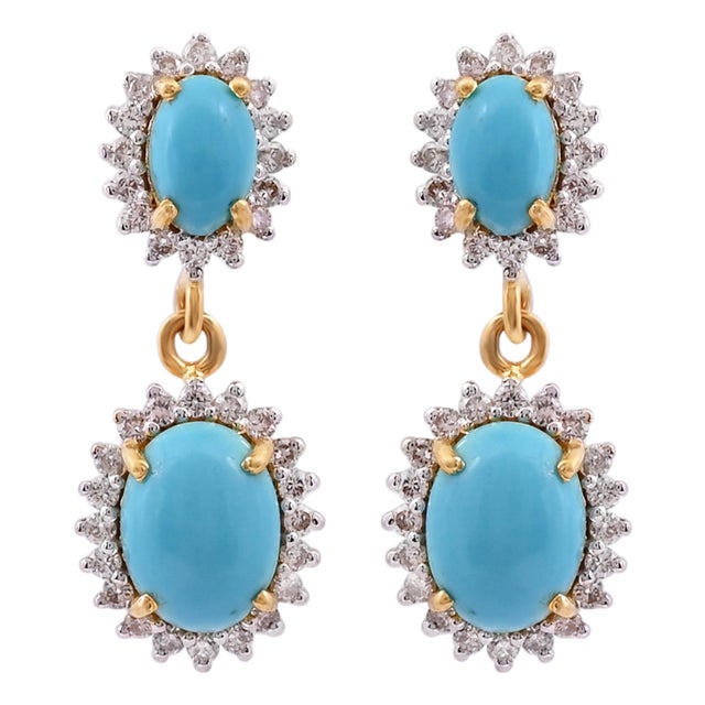 Natural Turquoise 3.05cts & Diamond 0.60cts Earring in 14k Gold For Sale