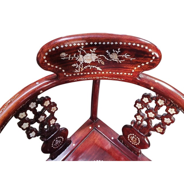 Mid 20th Century Mid 20th Century Ming Style Chinese Mother of Pearl Inlay Corner Chairs - A Pair For Sale - Image 5 of 7