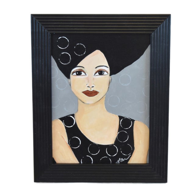 Contemporary Chic Dark Haired Woman Portrait Oil Painting Including the Antiqued Black Wood Frame For Sale - Image 3 of 6