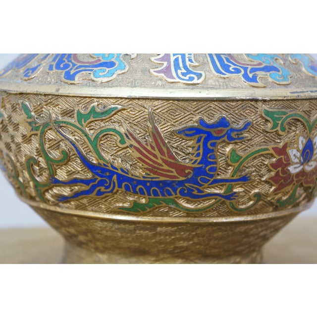 Antique Japanese Bronze Champleve Cloisonne Enamel Dragon Mantel Vase Urn 12" For Sale - Image 11 of 17