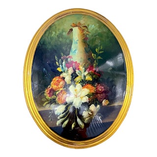 Vintage Oval Floral Still Life Oil Painting For Sale