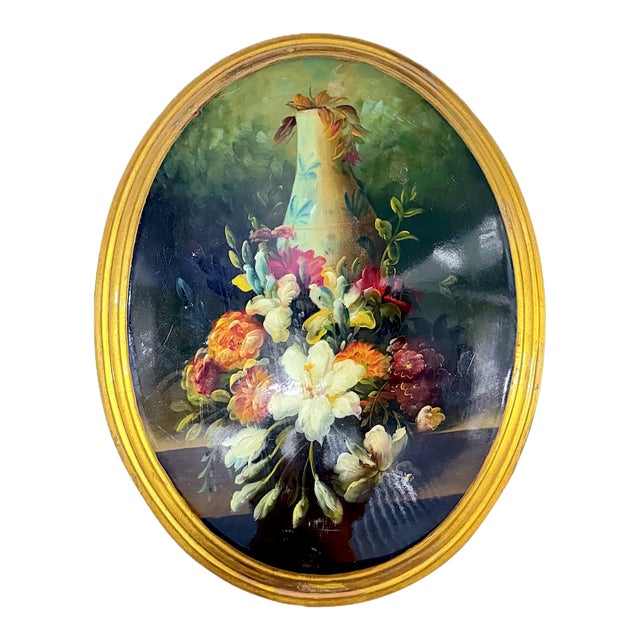 Vintage Oval Floral Still Life Oil Painting For Sale